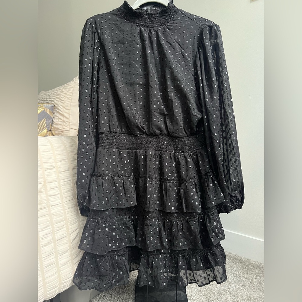 Express Ruffle Shimmer Polka Dot Long Sleeve Dress